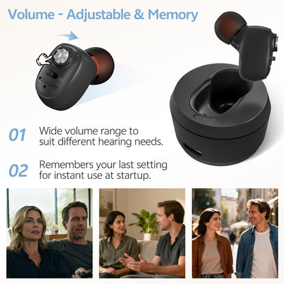 Single-ear hearing aid black volume control detail