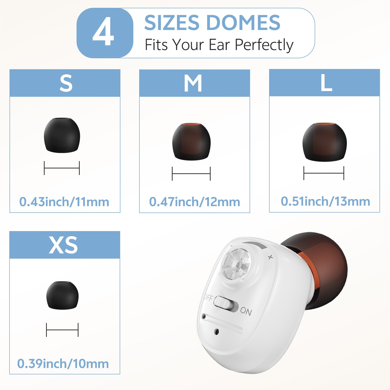Single-ear hearing aid white with multiple ear tip sizes