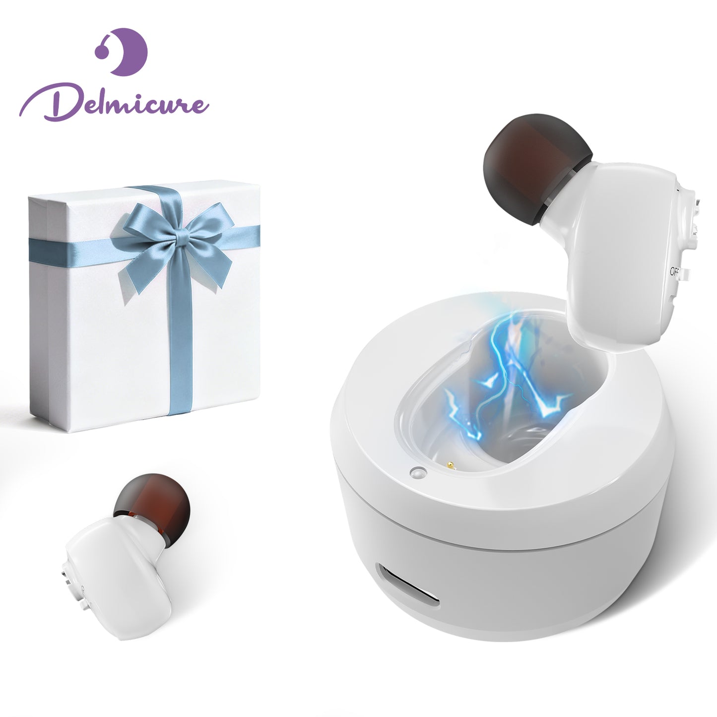 Delmicure VHP-1607 single-ear hearing aid white front view