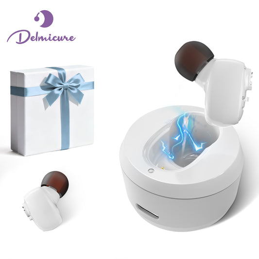 Delmicure VHP-1607 single-ear hearing aid white front view