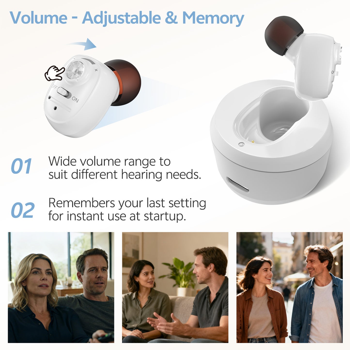 Single-ear hearing aid white volume control detail