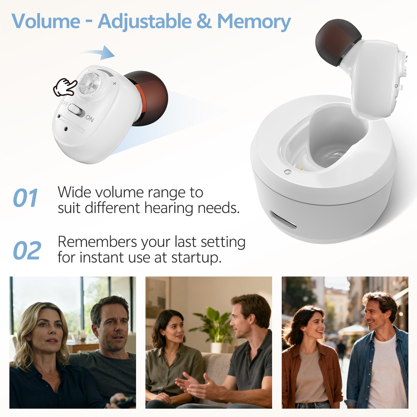 Single-ear hearing aid white volume control detail