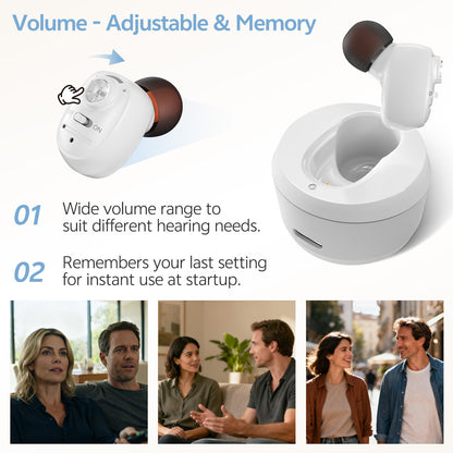 Single-ear hearing aid white volume control detail